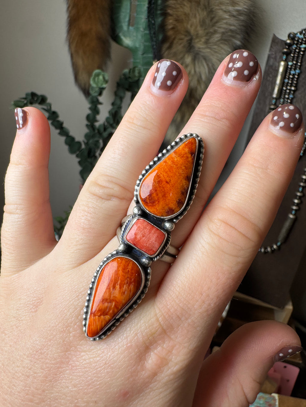 3 Stoned Orange Spiny Ring- Stamped Sterling and Travis J