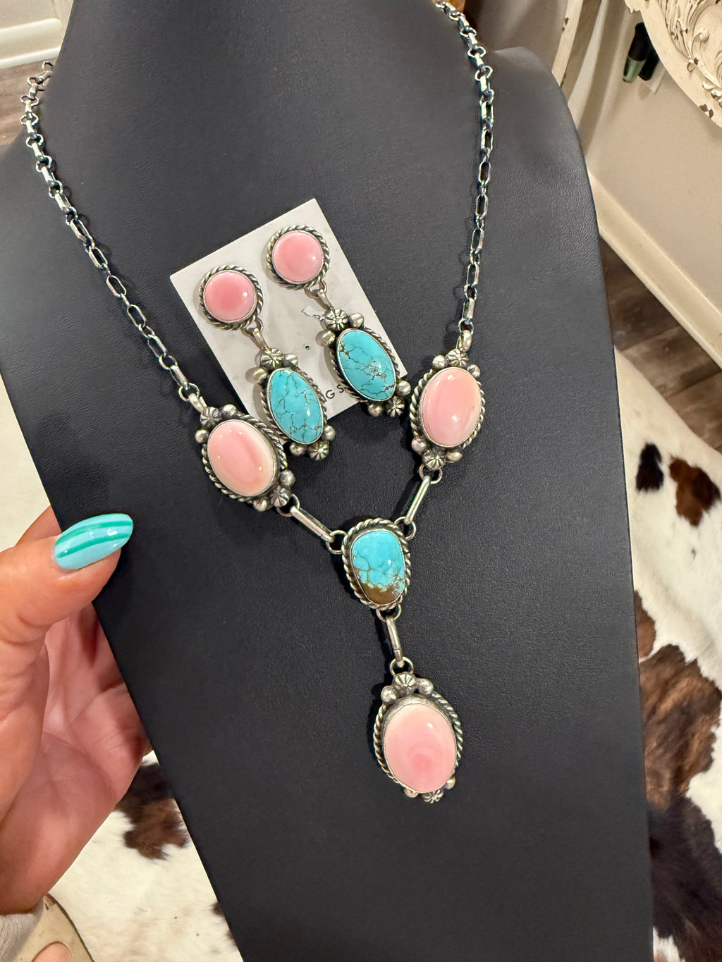 Native Made Pink Conch & Kingman Turq Statement Set - Stamped AL