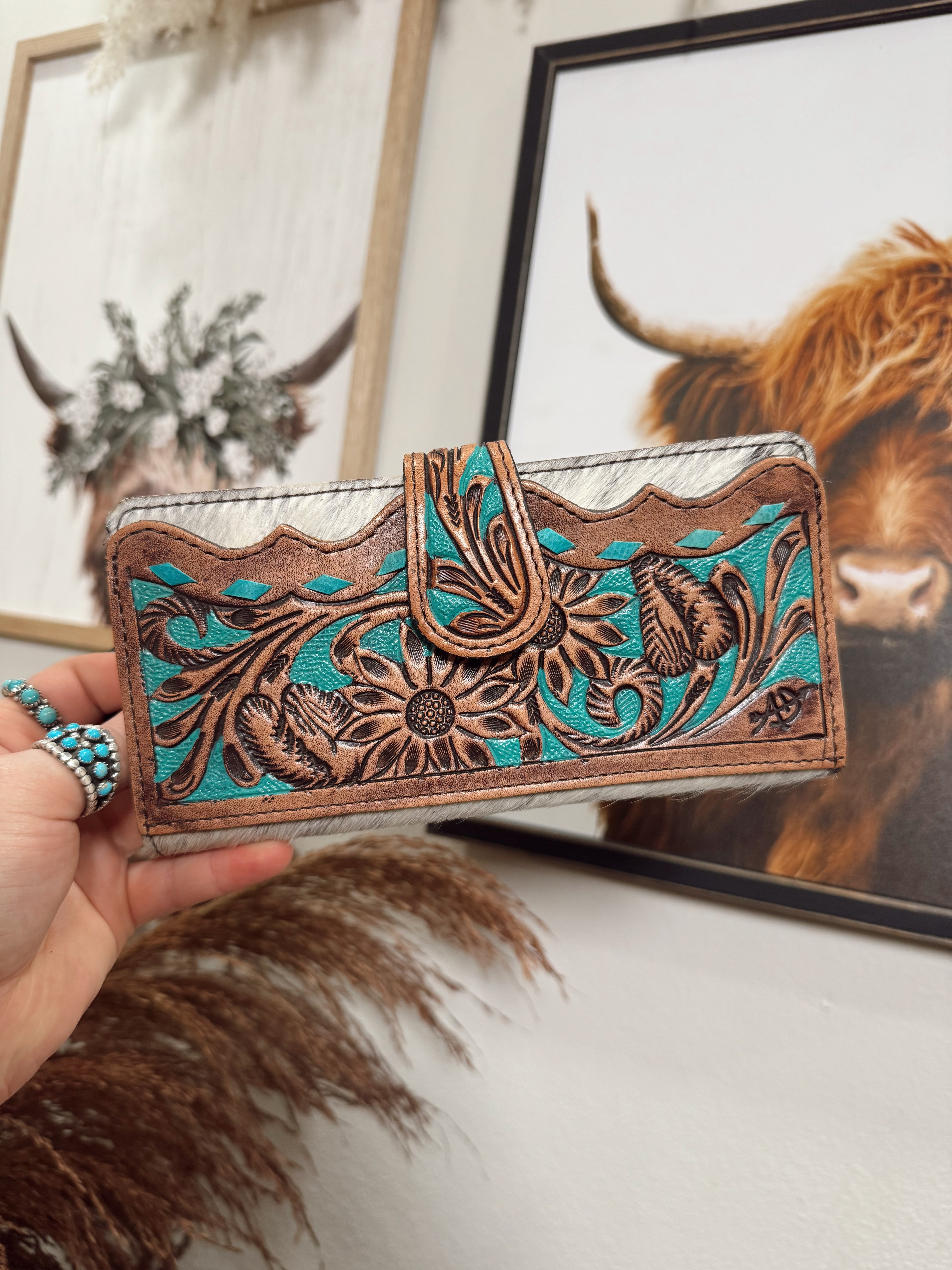 Hand Tooled Floral & Hair-On Cowhide Western Wallet Bag